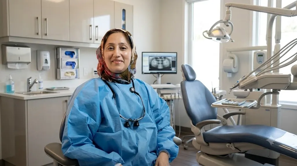 Dr. Rifat Mazhar Falak in blue scrubs, smiling, in a dental surgery